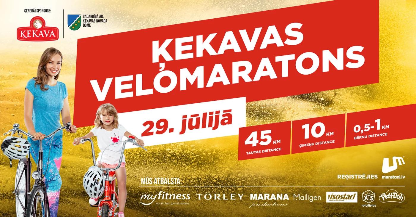 Facebook cover design for the Ķekava cycling marathon with sponsor logos and distance details