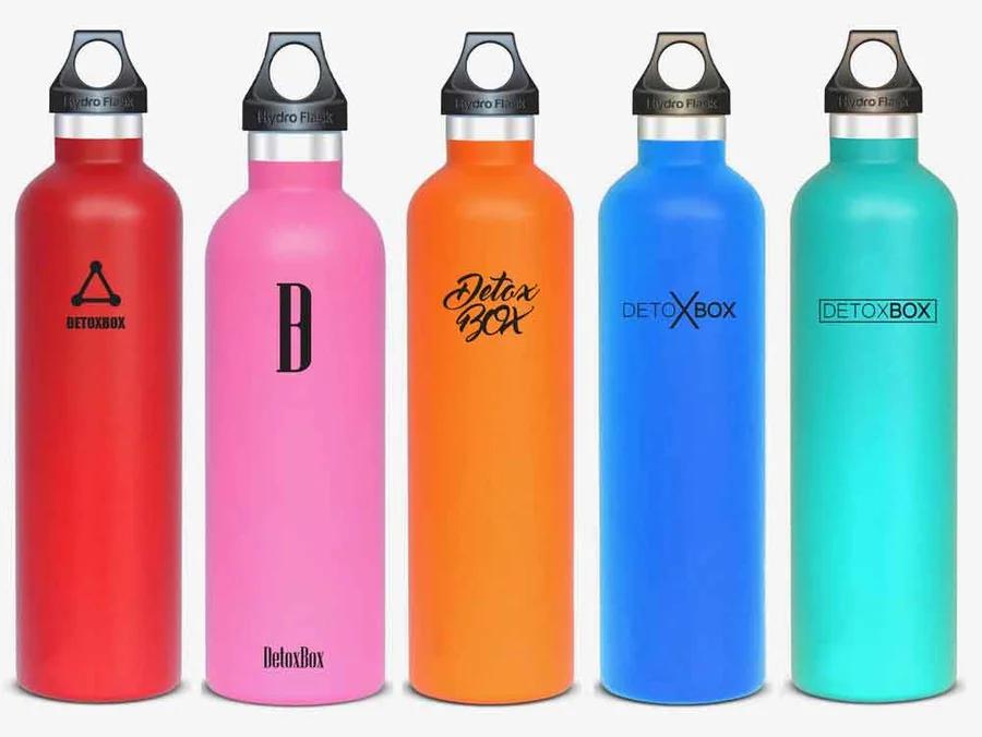 DetoxBox water bottle packaging design in five colourways