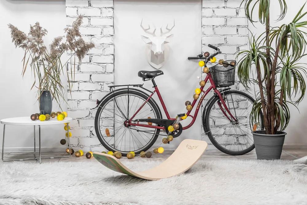 Bicycle styled with plants and string lights in a lifestyle interior scene