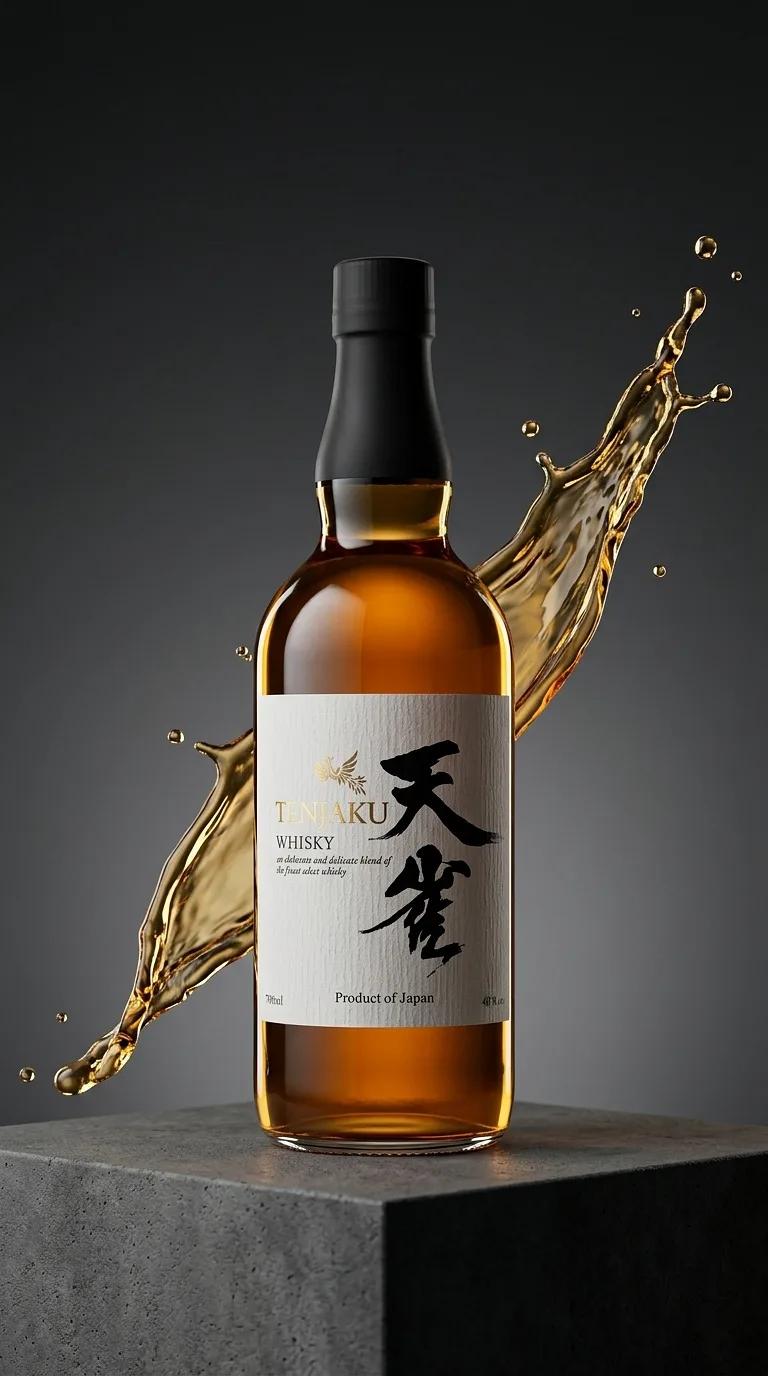 AI-generated advertising photo of a Tenjaku whisky bottle with a splash of whisky, standing on a stone pedestal