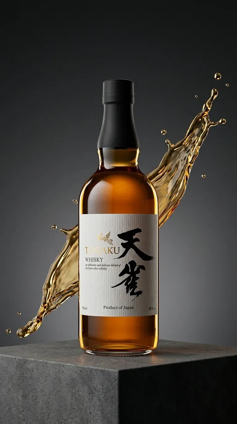 AI-generated advertising photo of a Tenjaku whisky bottle with a splash of whisky, standing on a stone pedestal