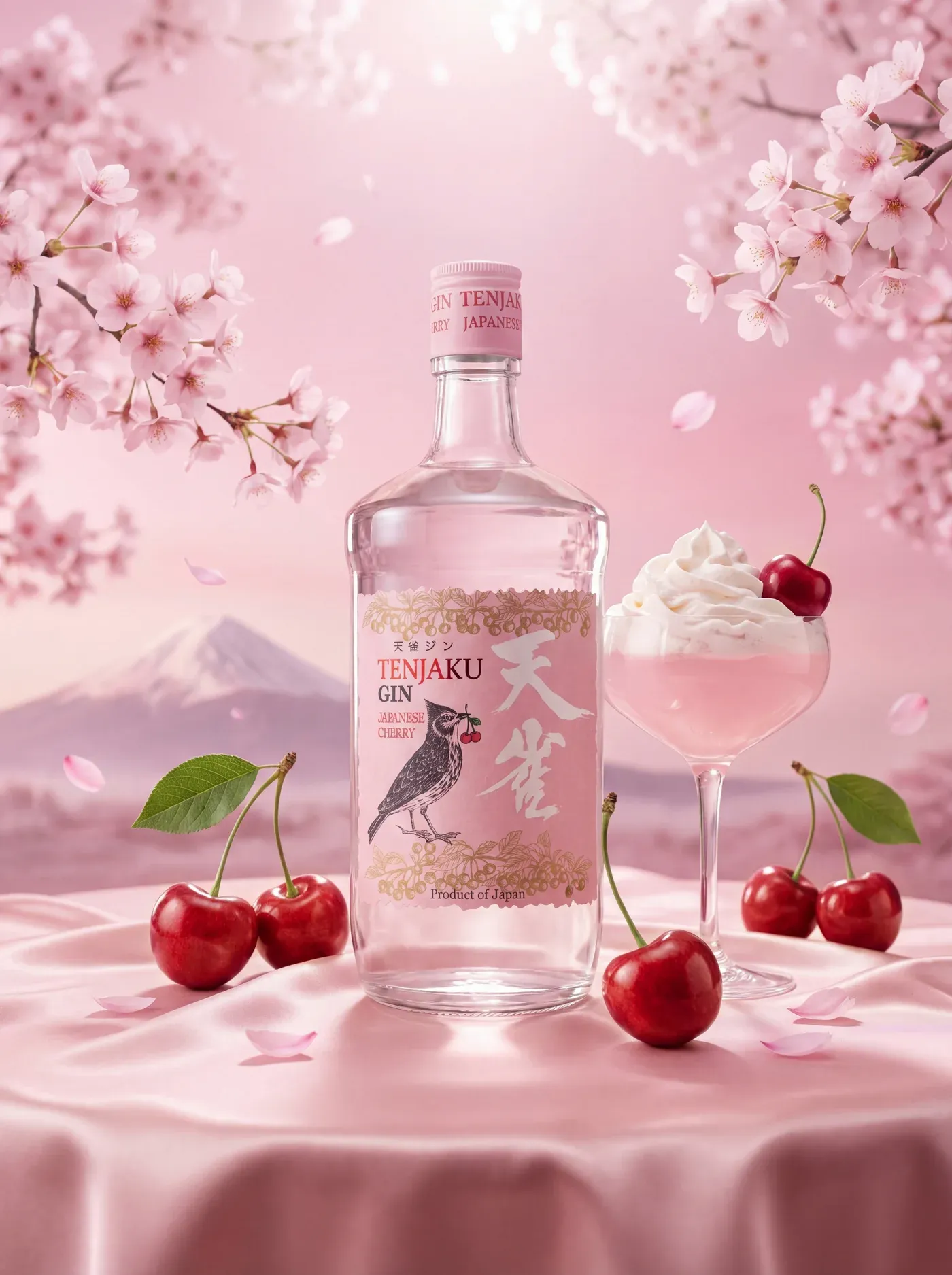 AI-generated lifestyle photo of a Tenjaku gin bottle with a cherry blossom dessert cocktail, Mount Fuji and sakura petals in the background