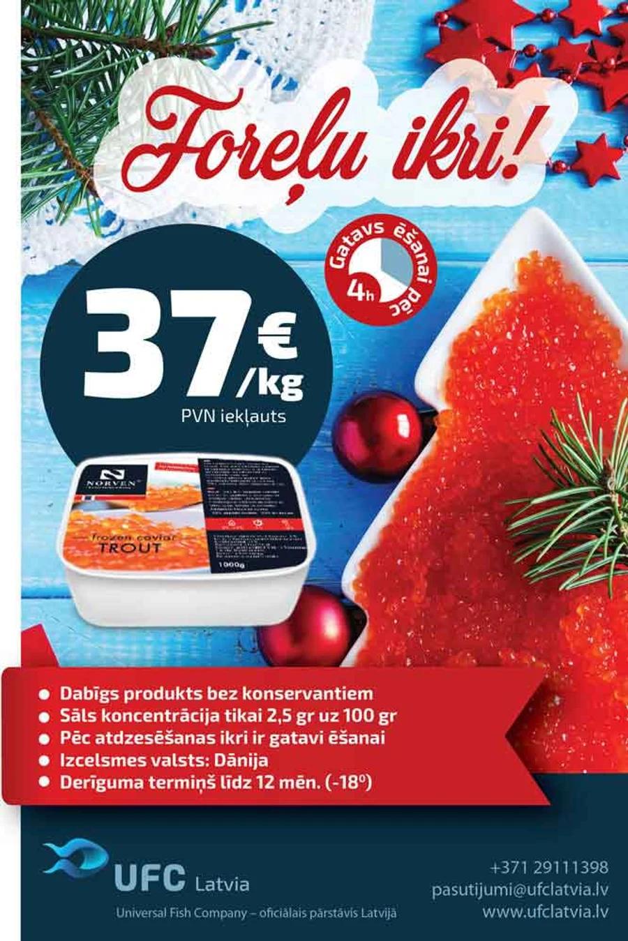 Seasonal promotional poster for UFC Latvia trout caviar with pricing and product photography