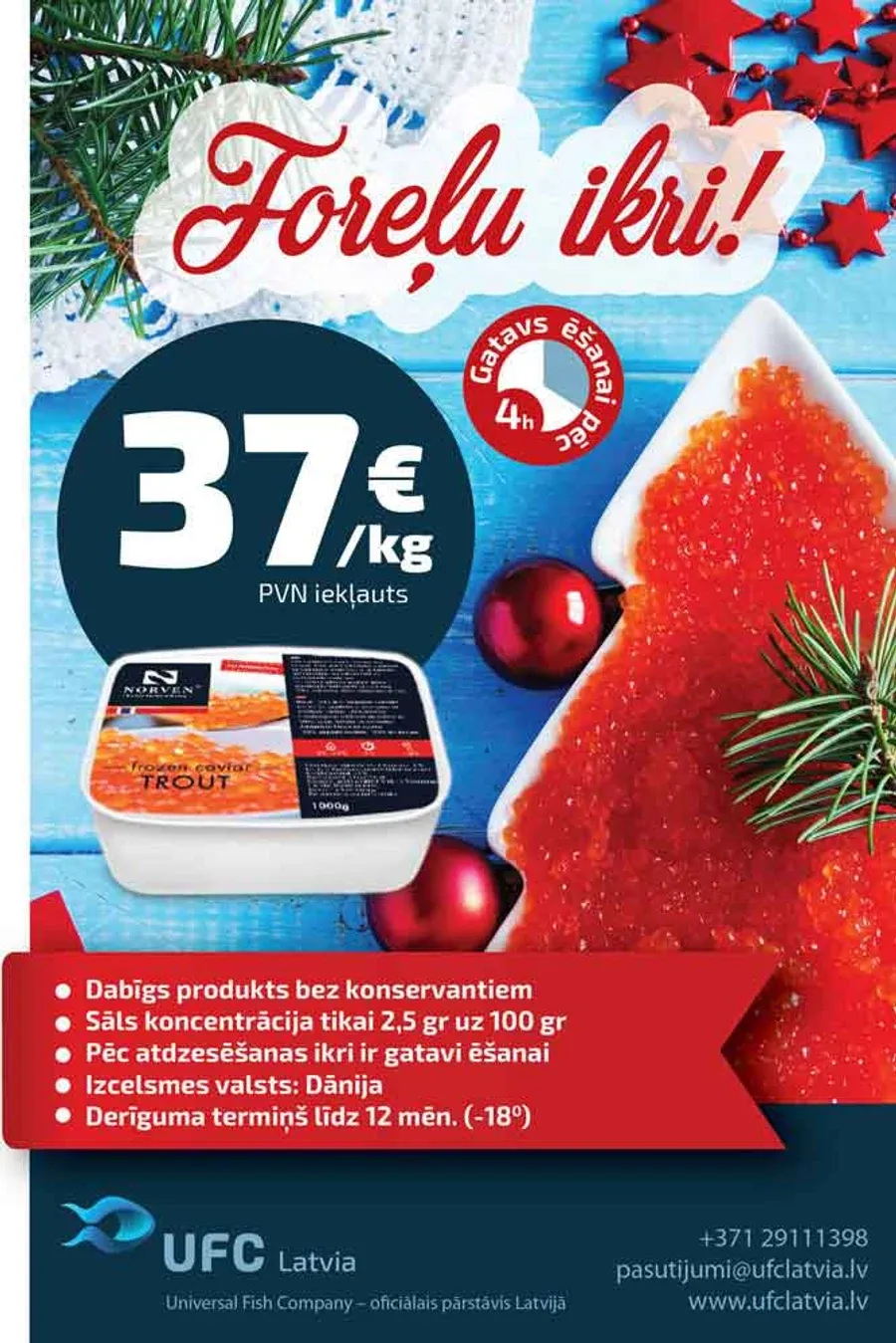 Seasonal promotional poster for UFC Latvia trout caviar with pricing and product photography