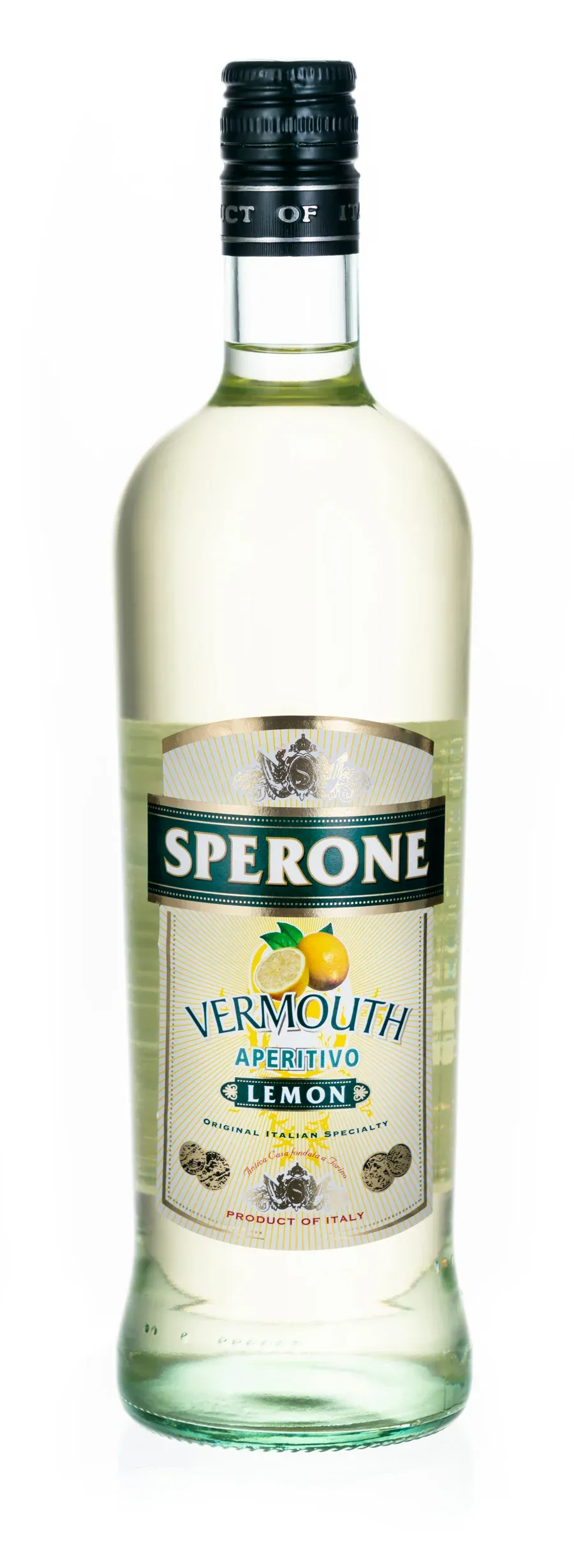 Sperone citrona vermuta aperitīva pudele, produkta foto uz balta fona