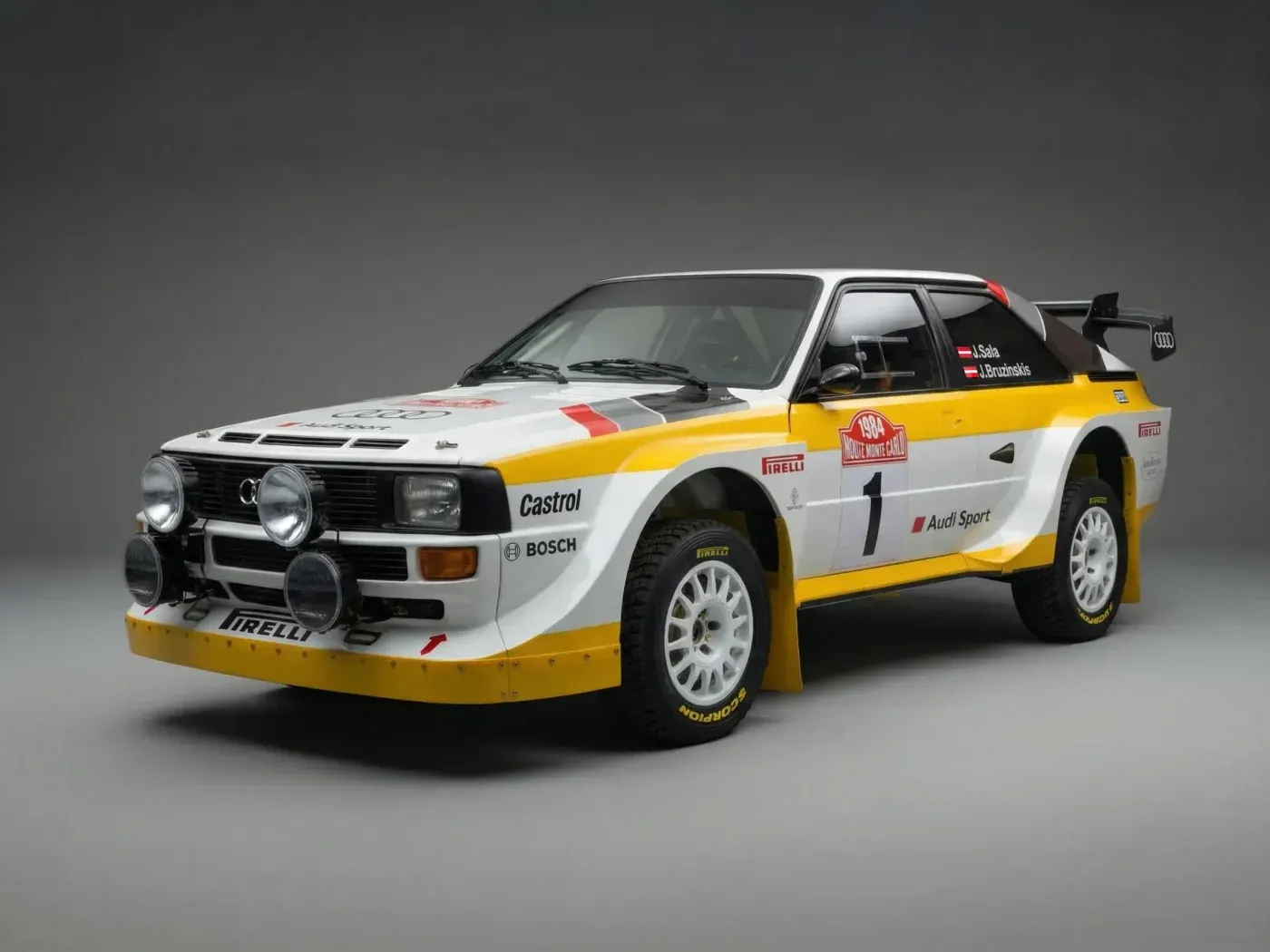 AI-generated studio photo of the same Audi rally car on a clean grey background