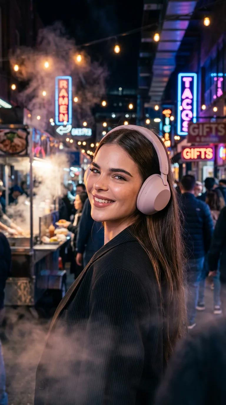 AI-generated lifestyle photo of a woman wearing pink wireless headphones on a neon-lit night street