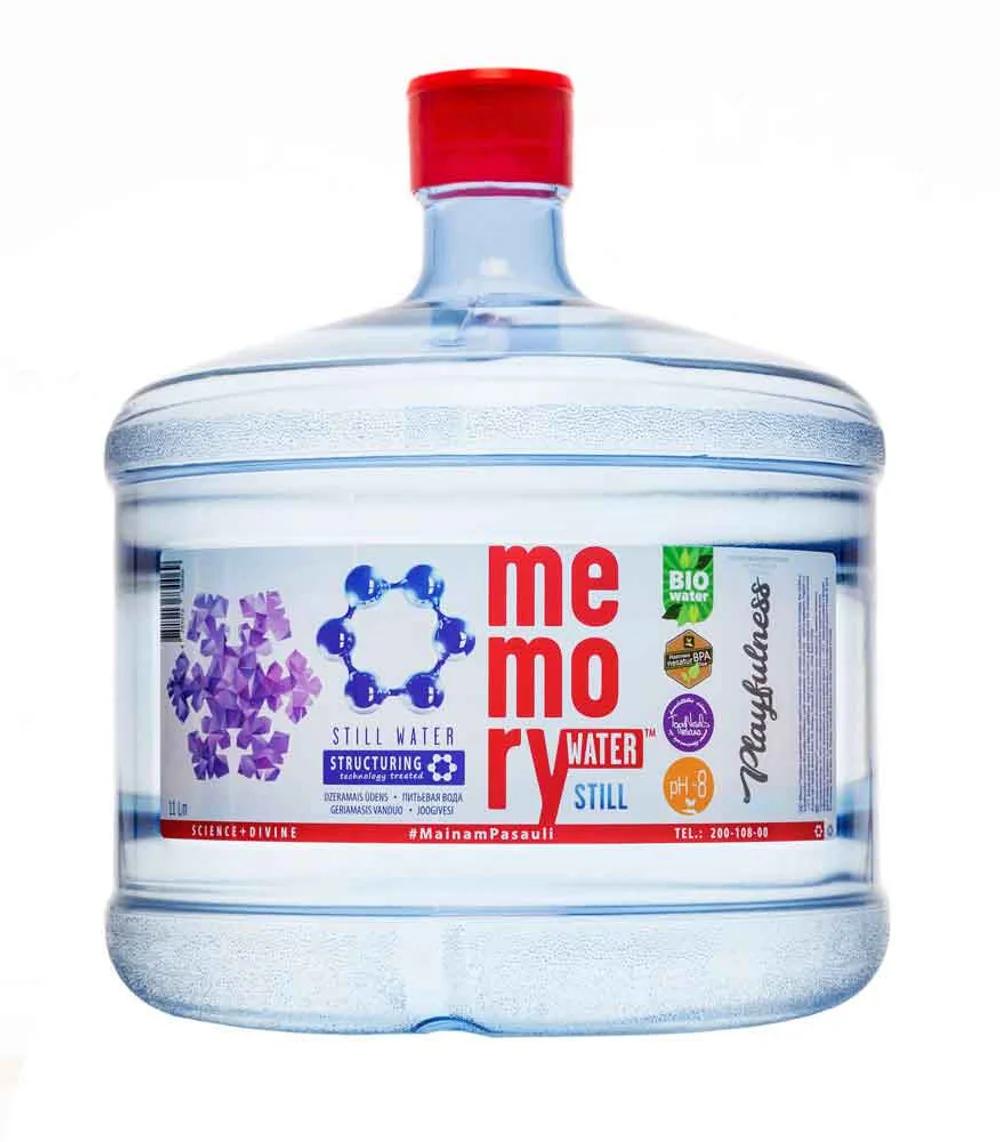 Memory Water branded water cooler bottle with red cap on a white background