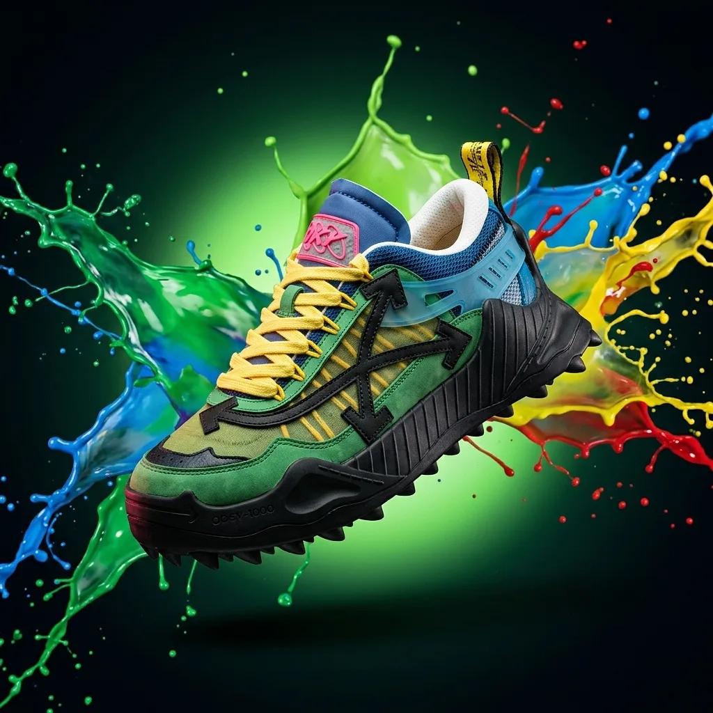 AI-generated advertising photo of a colorful trail running shoe with splashing green, blue, red and yellow paint