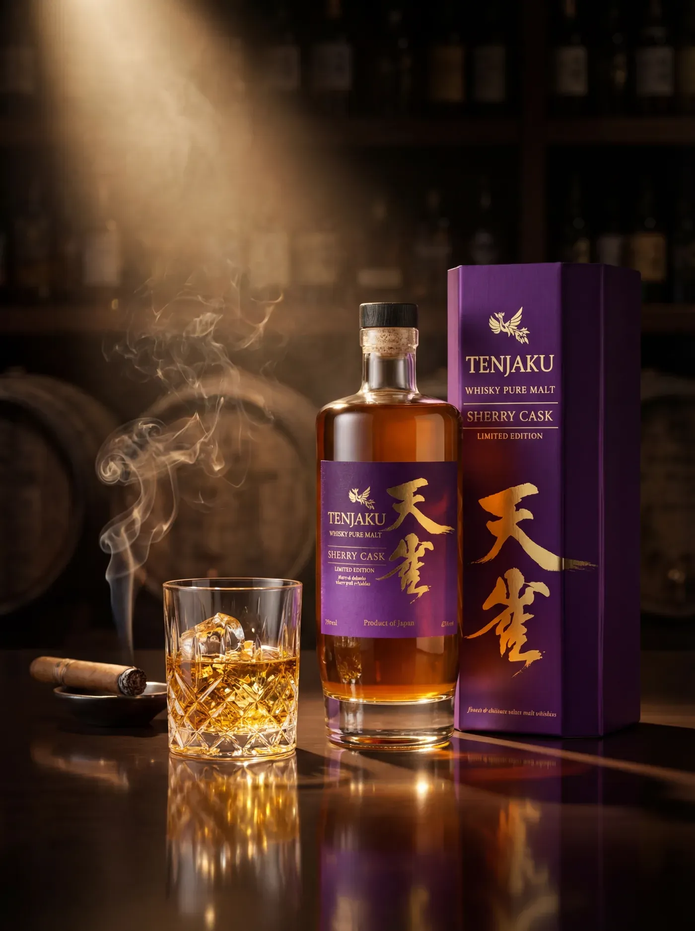 AI-generated moody photo of the Tenjaku Sherry Cask bottle and box on a bar counter with a whisky glass and cigar