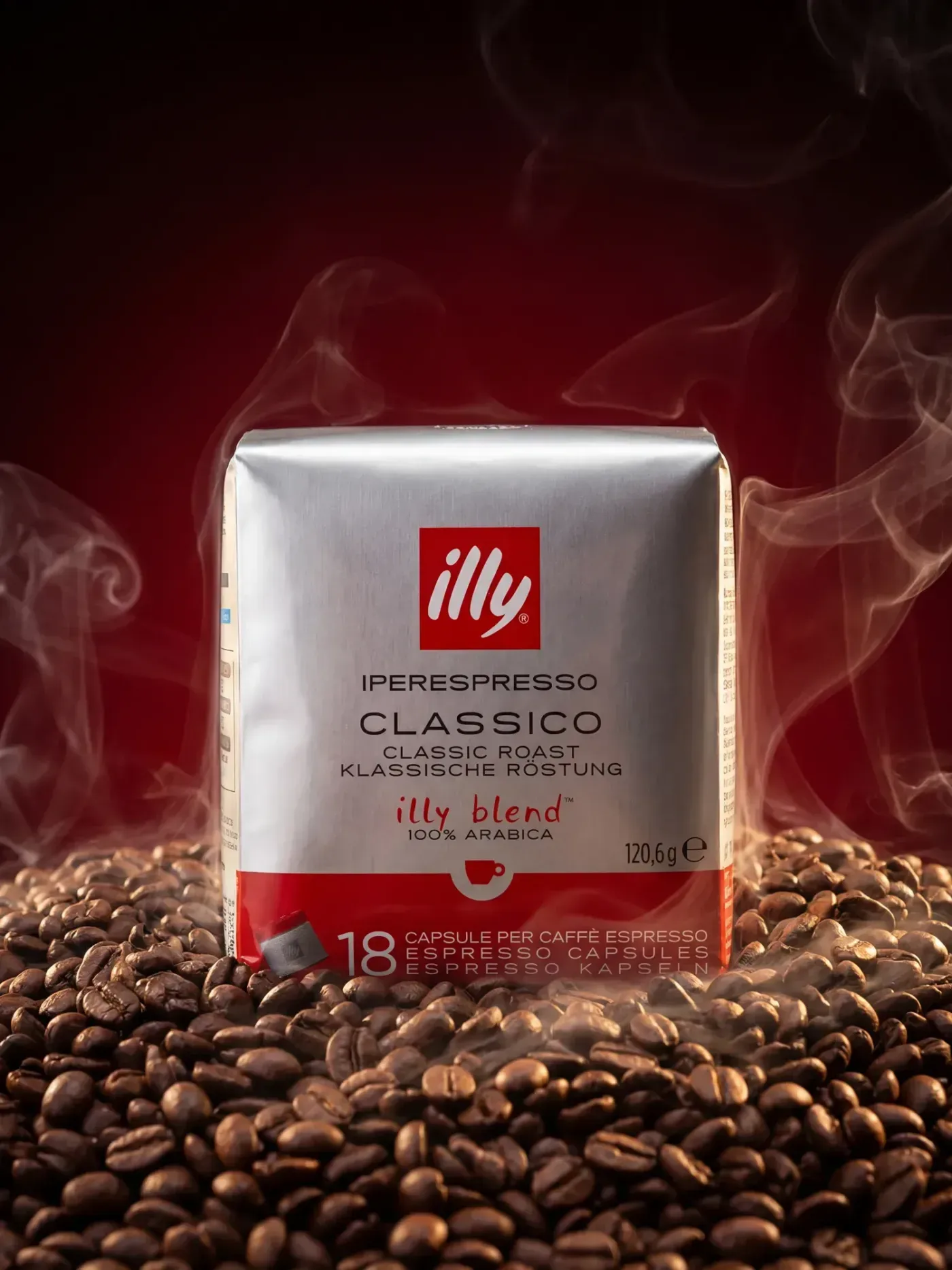 AI-generated advertising photo of the illy coffee capsules pack surrounded by coffee beans and steam