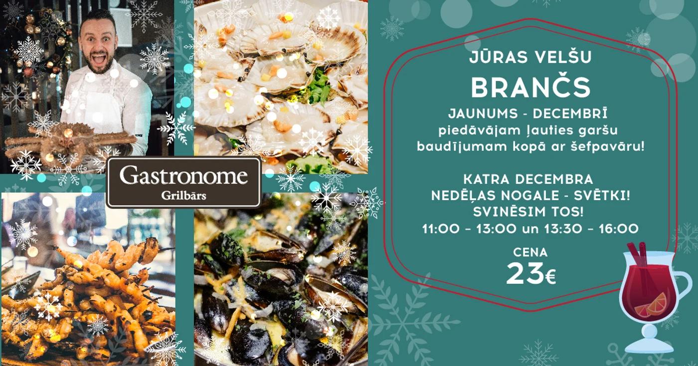 Facebook event cover for a Gastronome Grilbārs seafood brunch campaign with a food photography collage