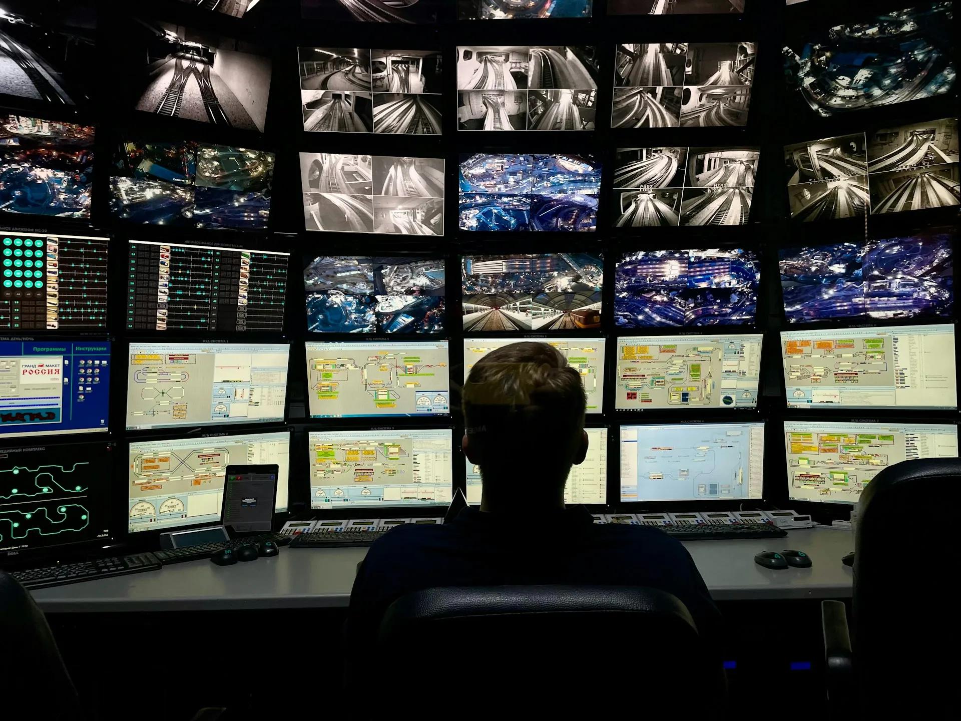 Person watching a wall of many computer monitors showing CCTV camera feeds