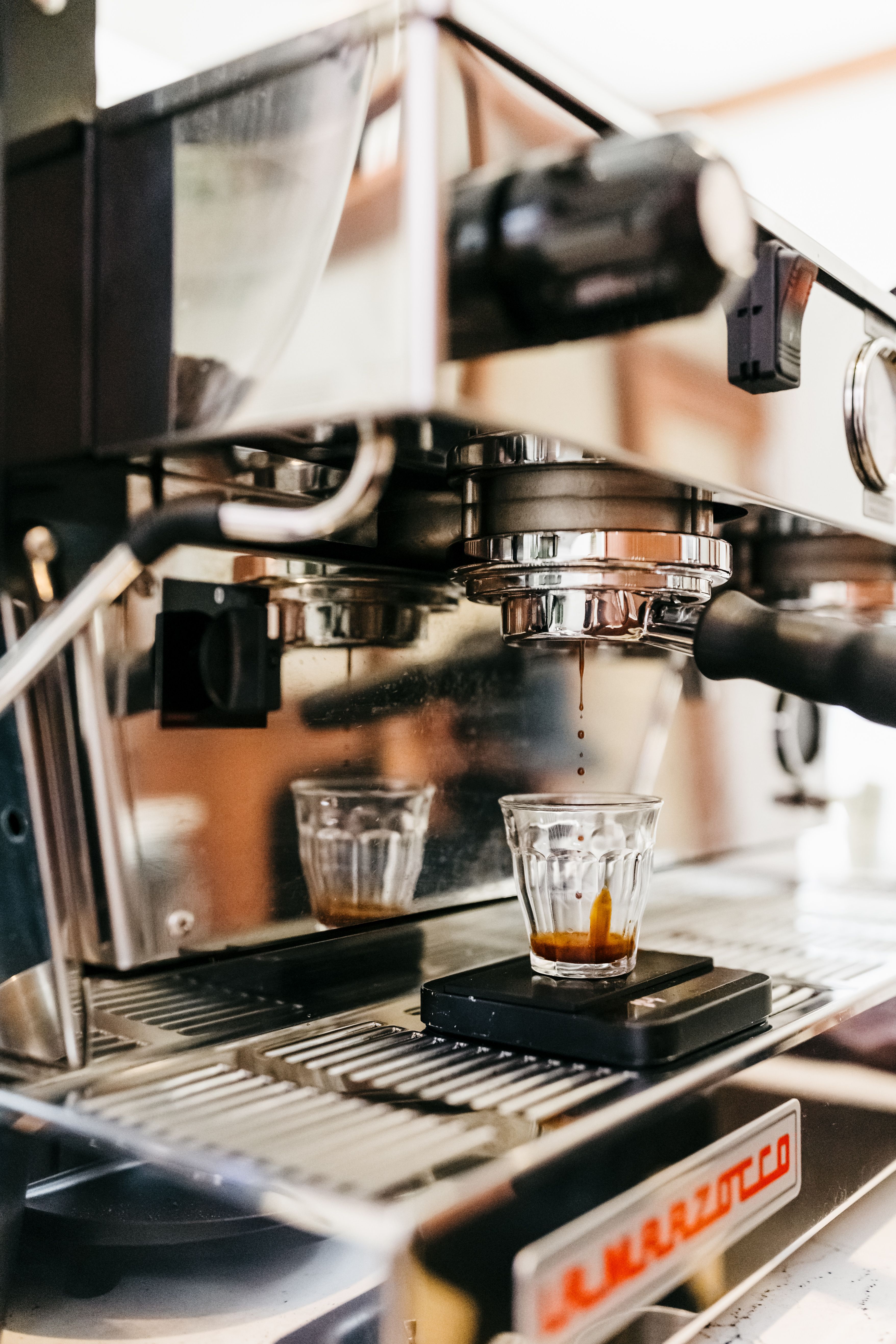 Espresso pours out of the portafilter into a espresso cup