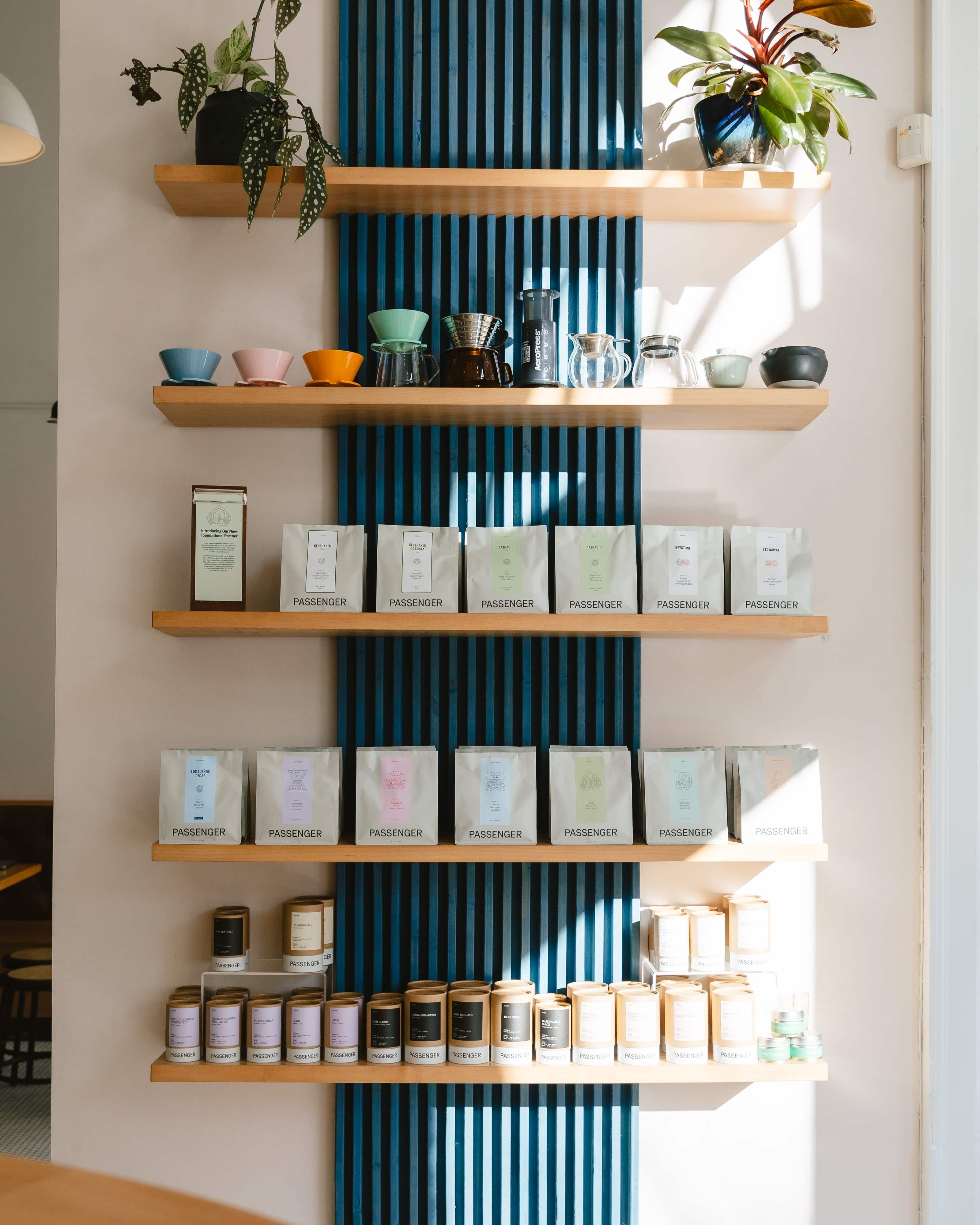 A display shelf of Passenger Coffee and Teas