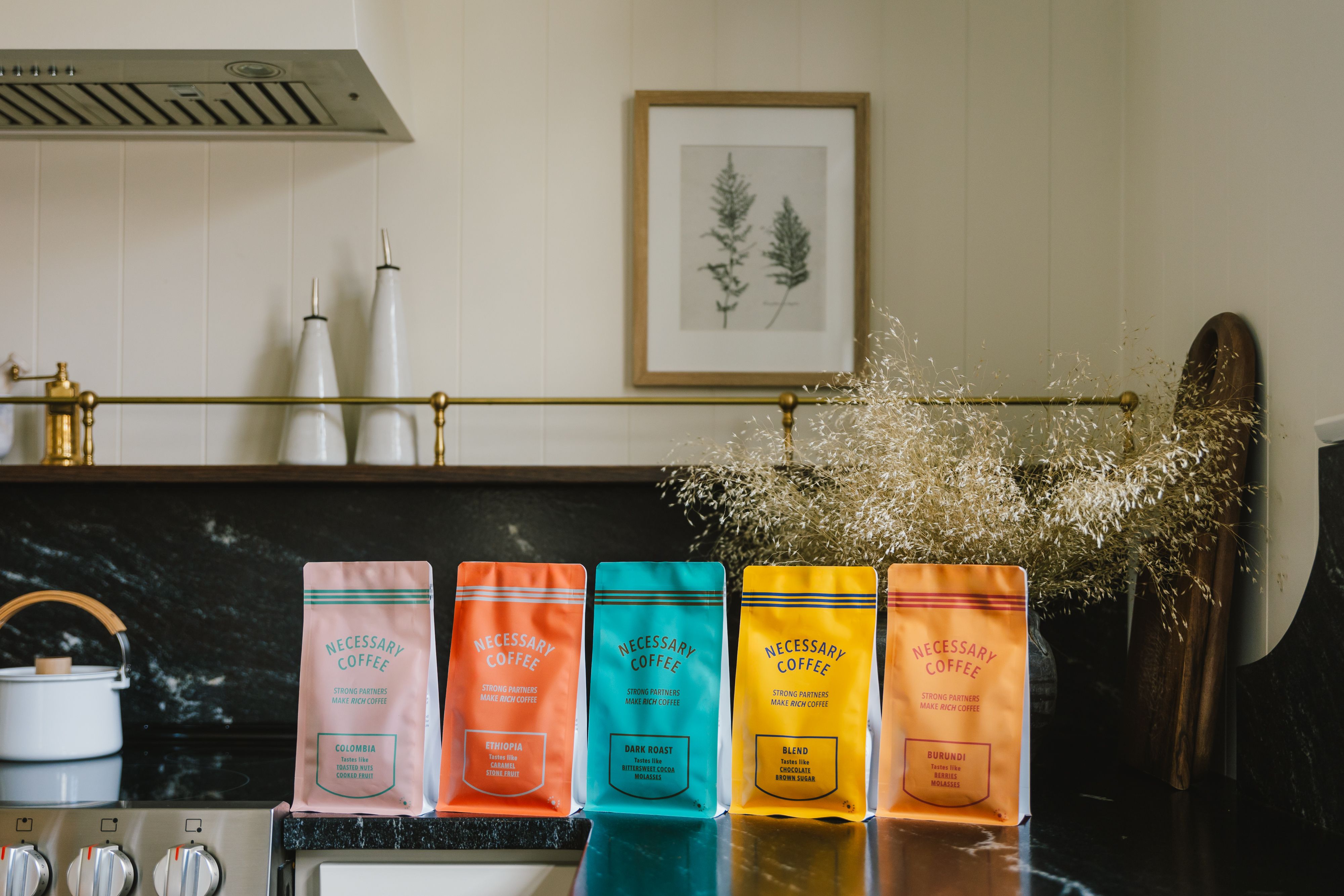 Necessary Coffee bags on a counter in a customer's home