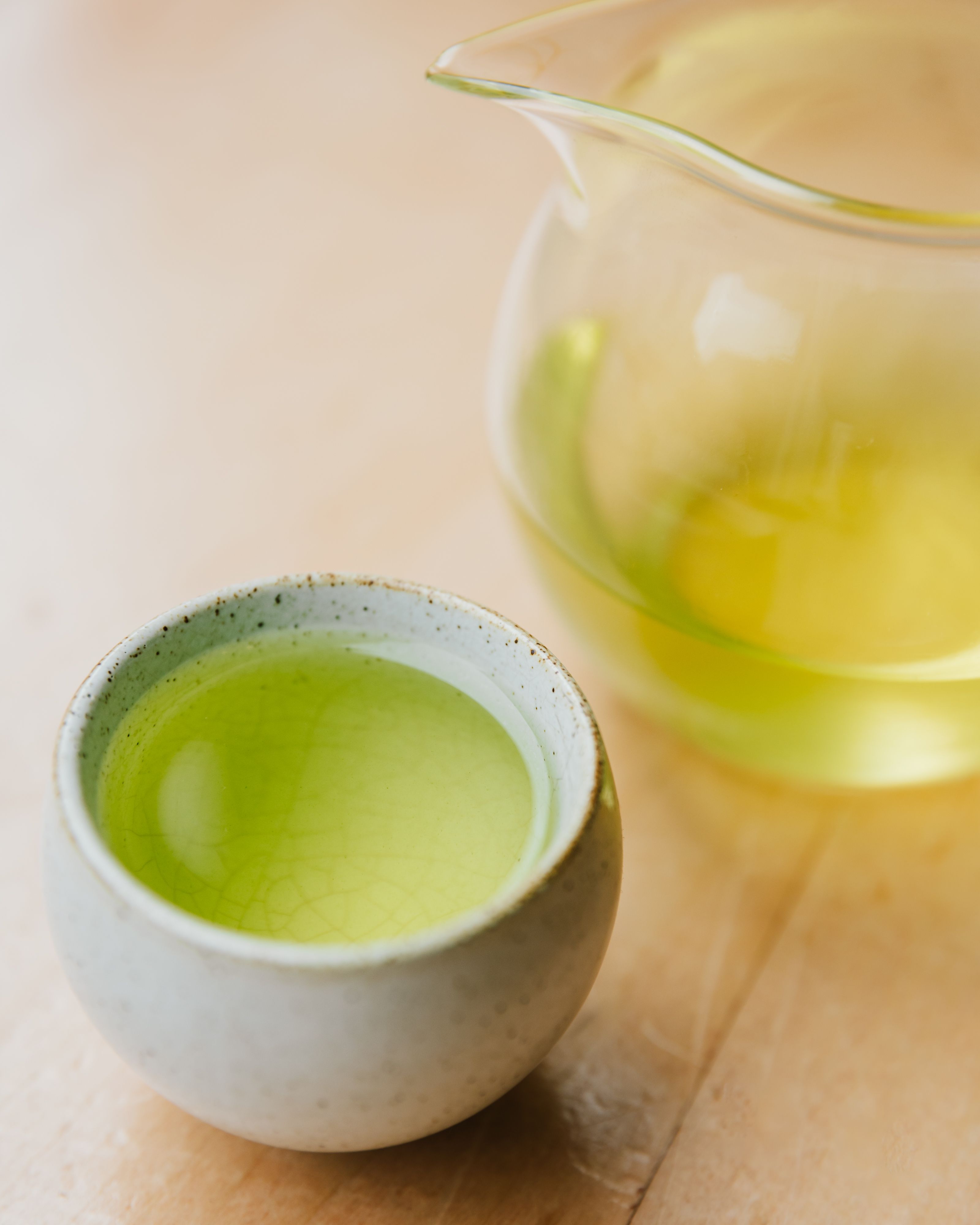 Green tea brewed on a shelf