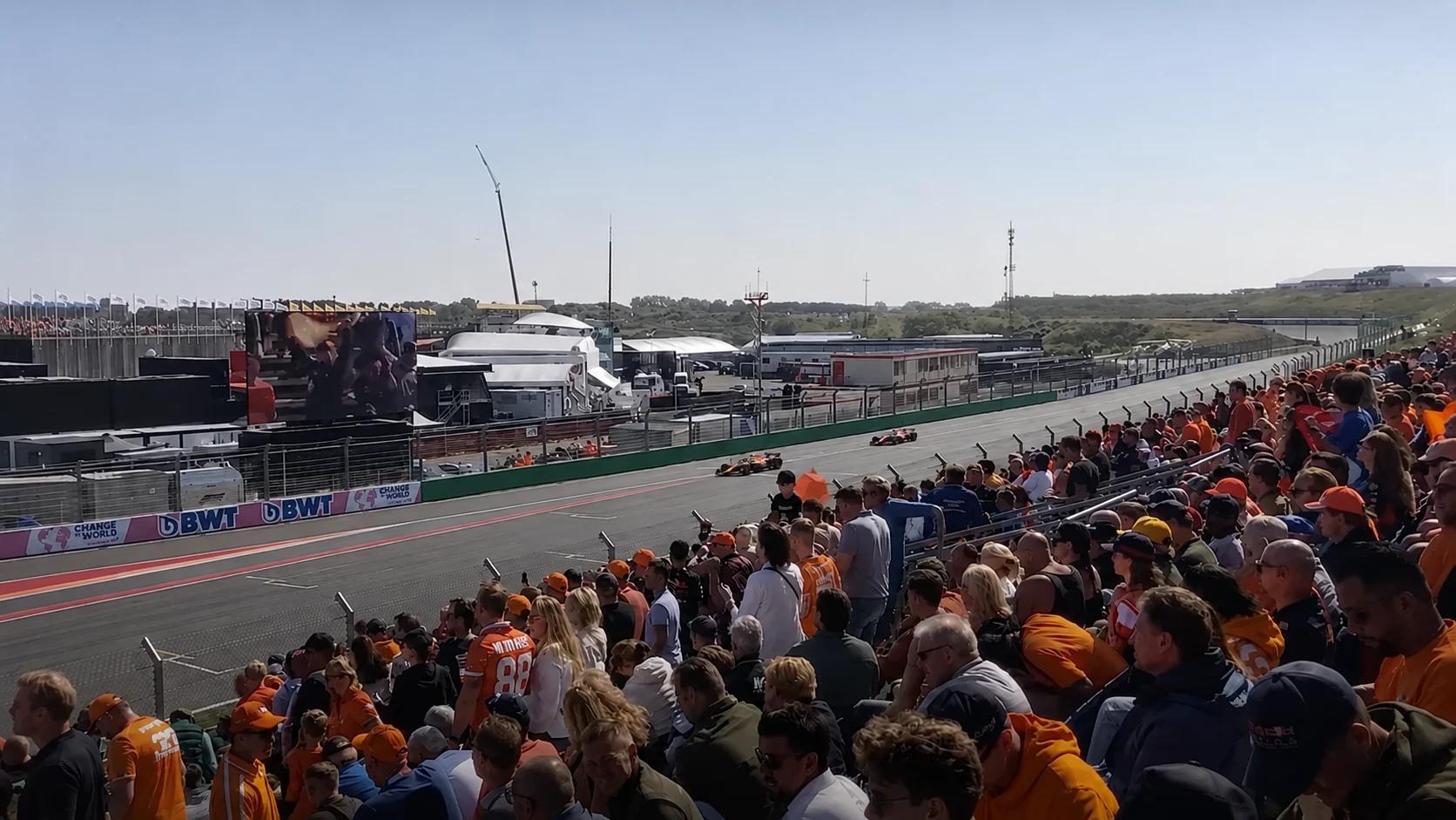 View from the Ben Pon 1 grandstand at Zandvoort, looking down the main straight toward the final banked corner
