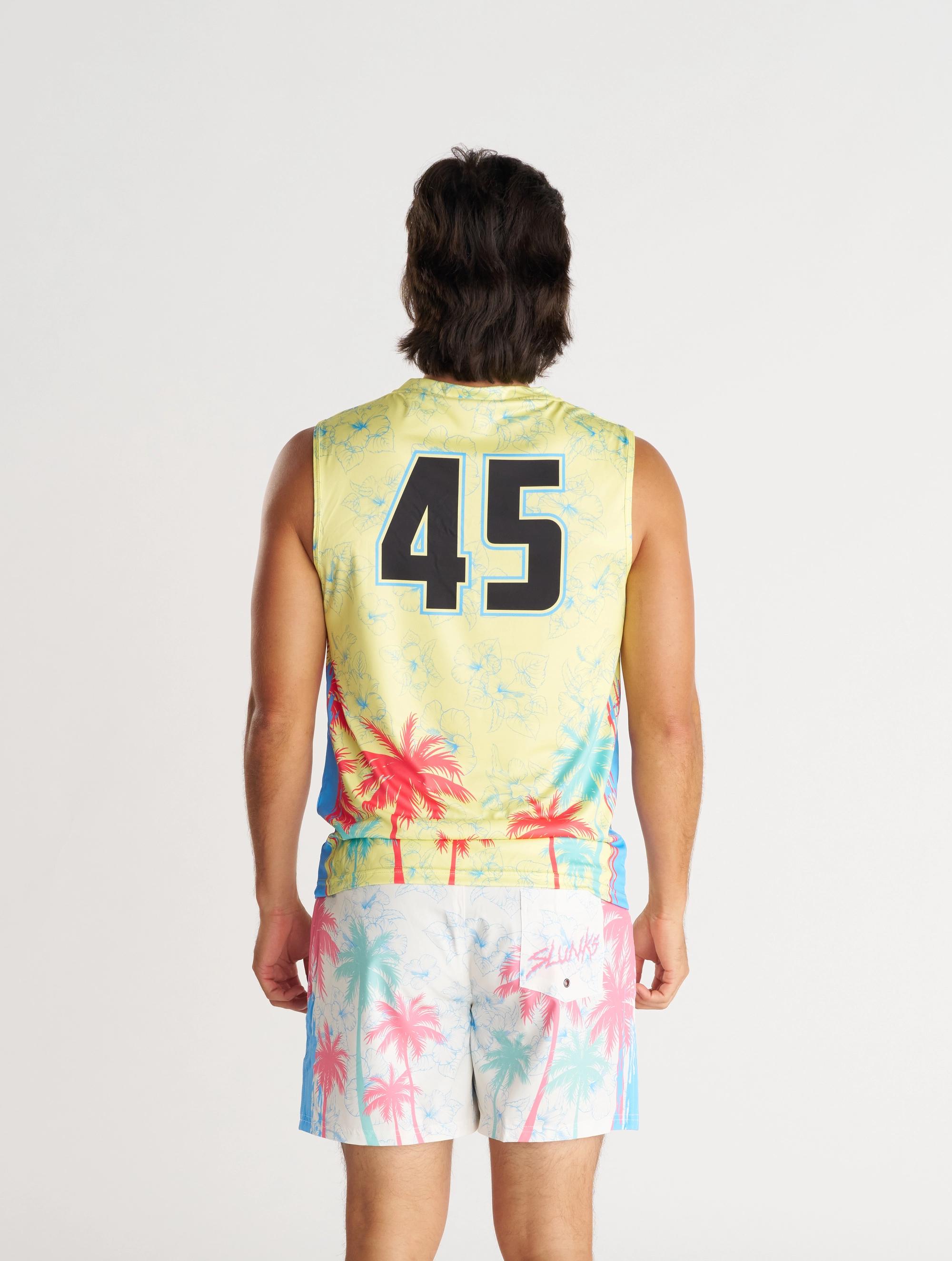 Jersey on body, yellow with pink and blue palm trees