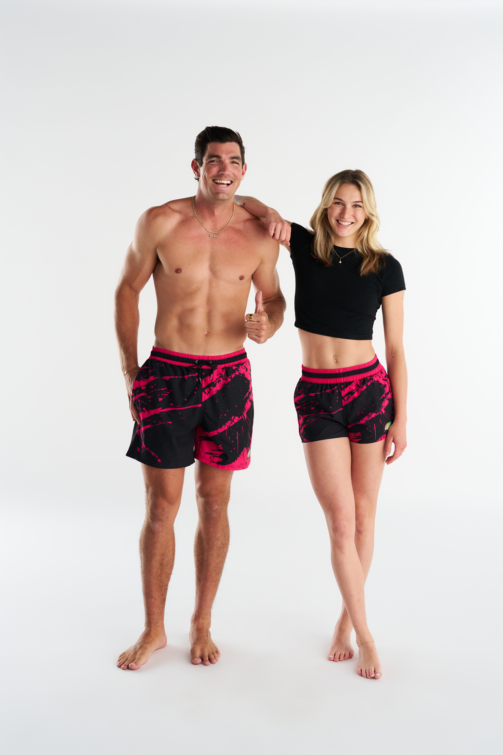 the boardshorts modeled on male and female models