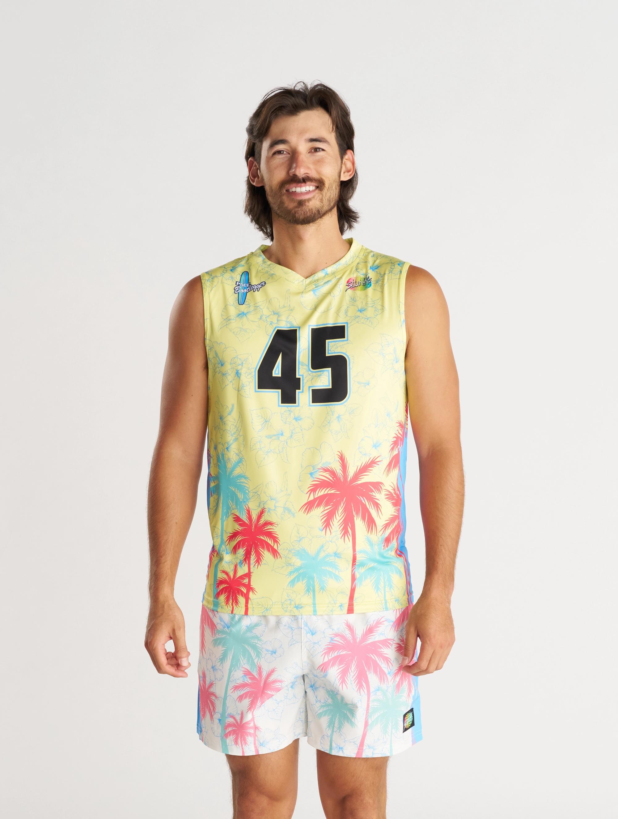 Jersey on body, yellow with pink and blue palm trees