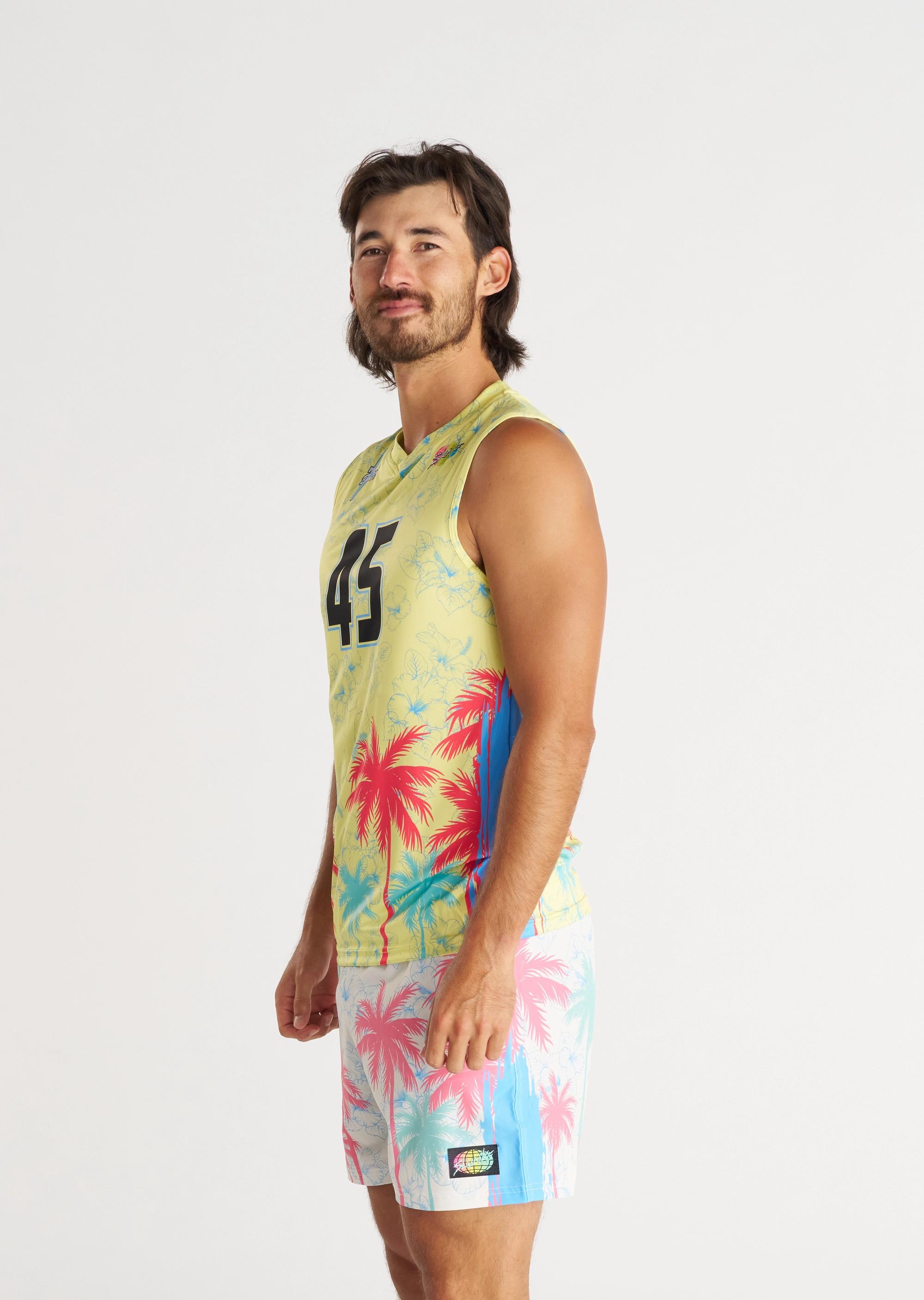 Jersey on body, yellow with pink and blue palm trees