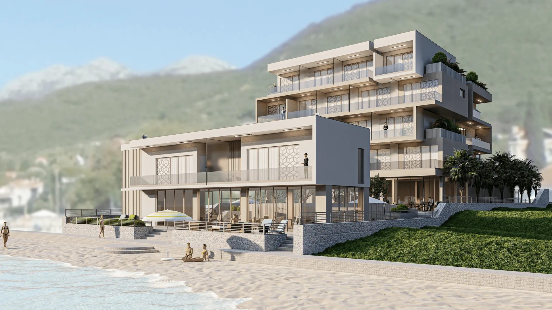 IDEJNO RJEŠENJE HOTELA 4* u KUMBORU, Herceg Novi. Vizualizacija hotela sa terasama uz more.