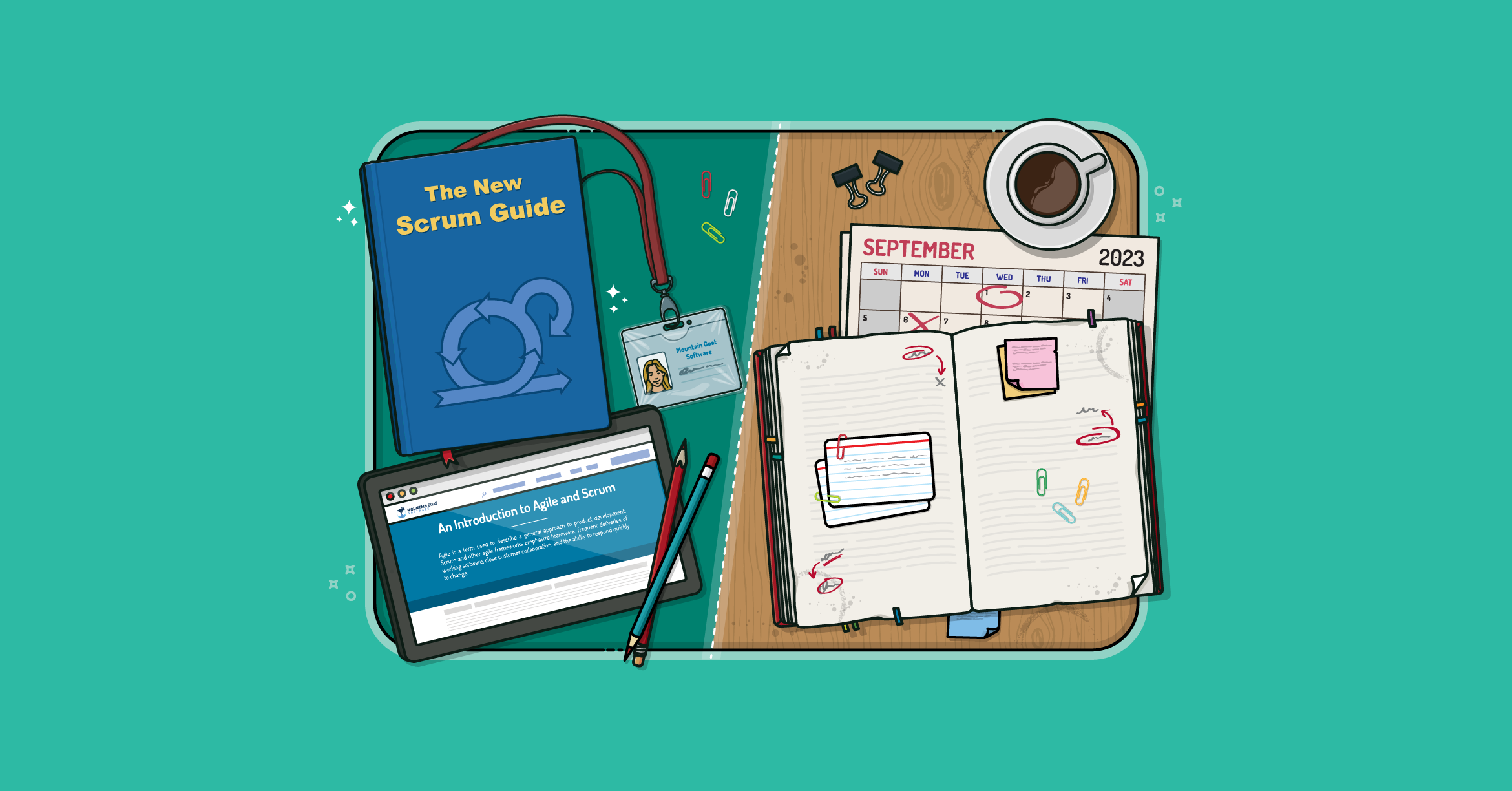 On a desk, a copy of The Scrum Guide sits beside an open tablet, calendar, and notebook. As teams progress with Scrum, they can experiment with changes to their approach (even if it conflicts with Scrum Guide) but not at first.