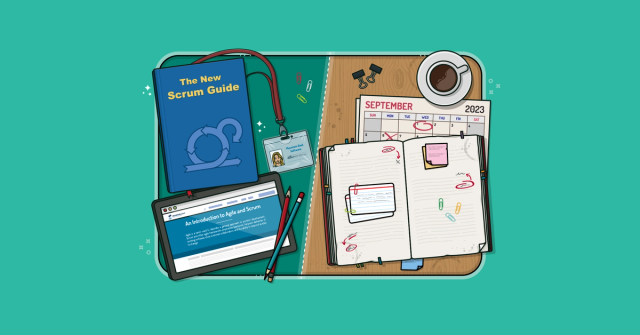 On a desk, a copy of The Scrum Guide sits beside an open tablet, calendar, and notebook. As teams progress with Scrum, they can experiment with changes to their approach (even if it conflicts with Scrum Guide) but not at first.