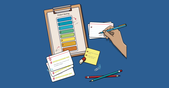 Hands writing and organizing product backlog items.
