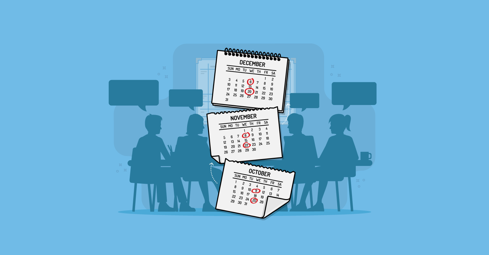 A Scrum team sits together, talking, in the background. In front are three calendar pages with key Scrum events circled. The text says Succeeding with Scrum is easier when you know when and why to conduct each meetings.