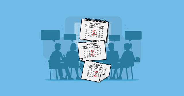 A Scrum team sits together, talking, in the background. In front are three calendar pages with key Scrum events circled. The text says Succeeding with Scrum is easier when you know when and why to conduct each meetings.