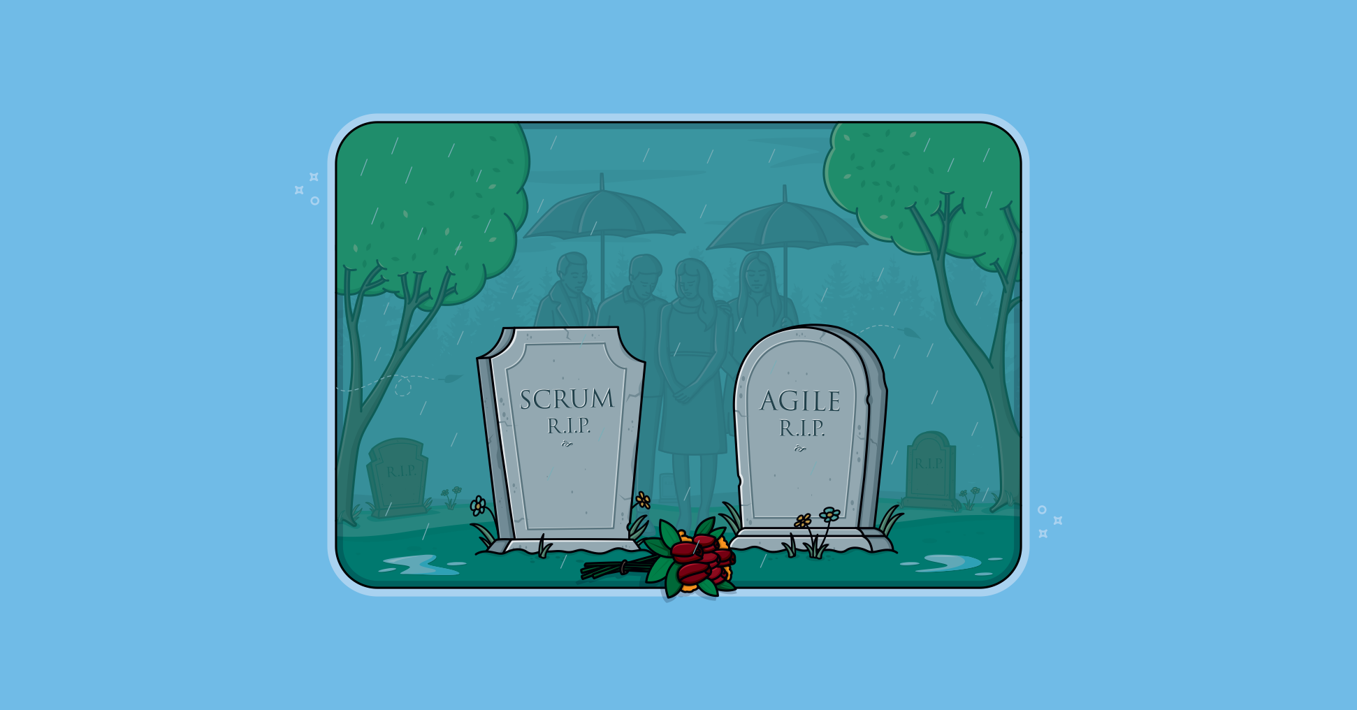 Two headstones decorated with flowers read Scrum R.I.P and Agile R.I.P, while mourners gather in the distance. But not so fast--what if agile isn't dead, but is instead becoming standard practice.