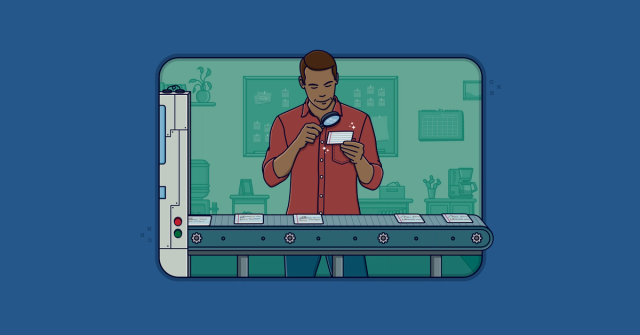 A person examines a user-story card as more cards move along a conveyor belt.