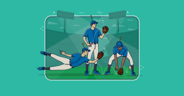 Three confused baseball players fail to coordinate as a fly ball drops between them.
