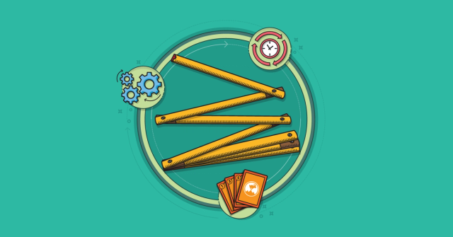 A folding ruler sits inside a circle, upon which rotate planning poker cards, gears, and a clock. Text to the right of the image reads, Story Points are an Estimate of Effort, as Influenced by the amount of work, complexity, risk and uncertainty.
