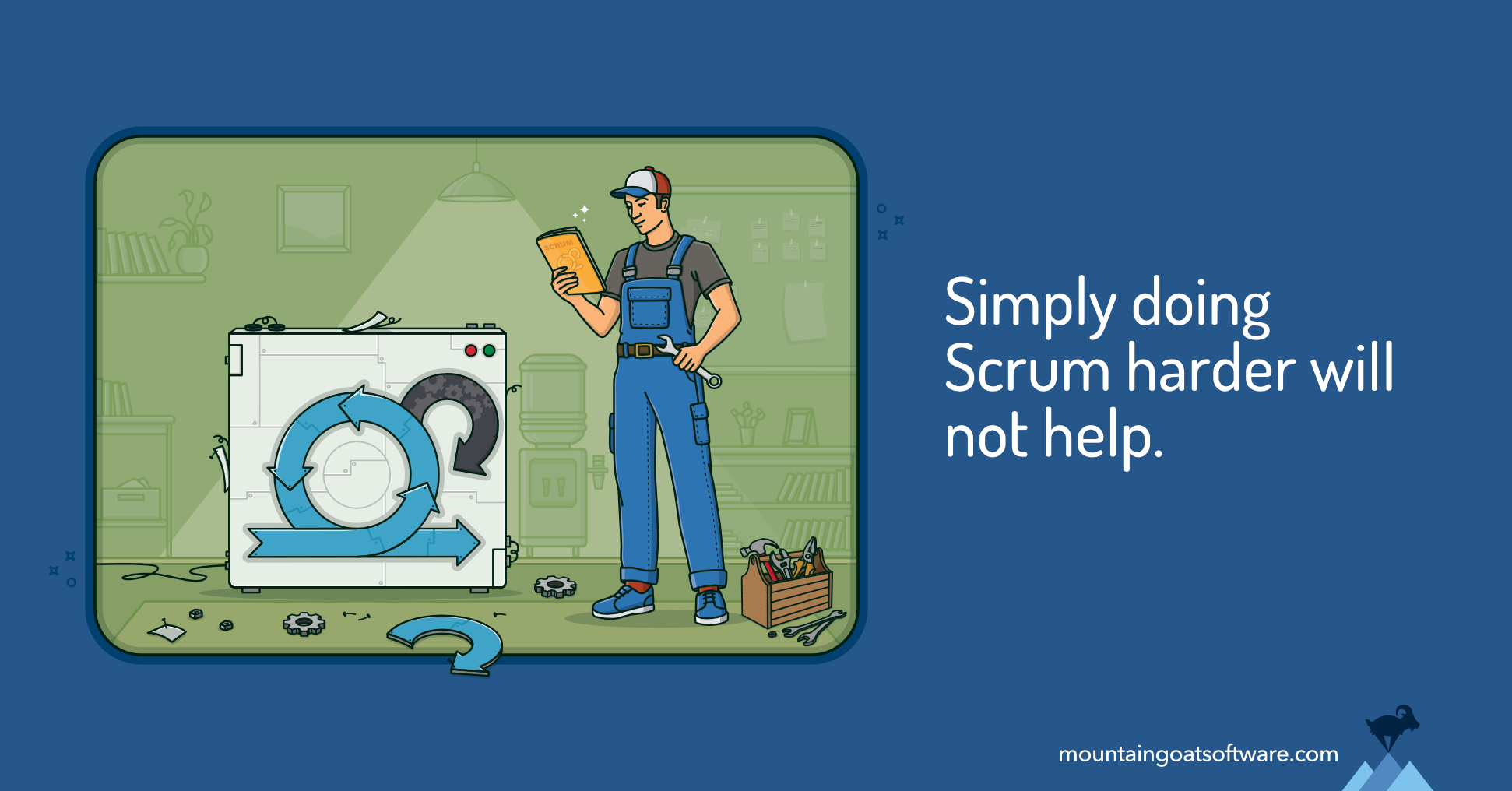 An illustration showing a repairman fixing a Scrum appliance