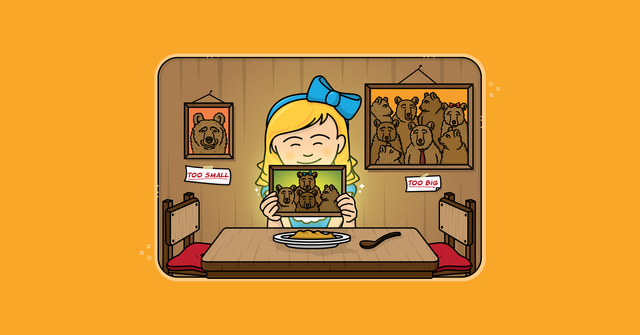 Goldilocks smiles as she holds a picture with 4 bears. On the wall is a picture of 2 bears, labeled "too small," and one with a crowd of bears labeled "too big." Whether it's porridge or team size, Goldilocks knows how important it is to get it just right