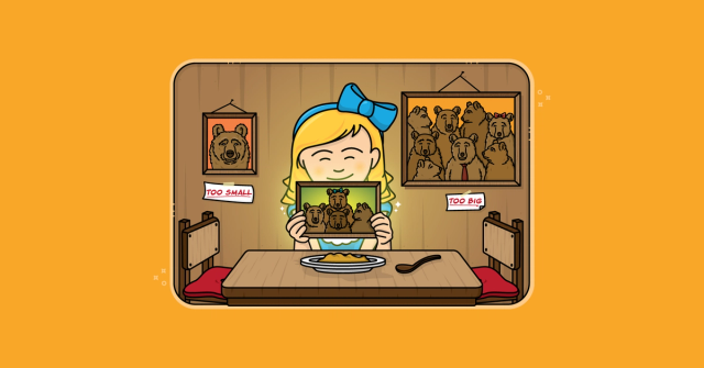 Goldilocks smiles as she holds a picture with 4 bears. On the wall is a picture of 2 bears, labeled "too small," and one with a crowd of bears labeled "too big." Whether it's porridge or team size, Goldilocks knows how important it is to get it just right