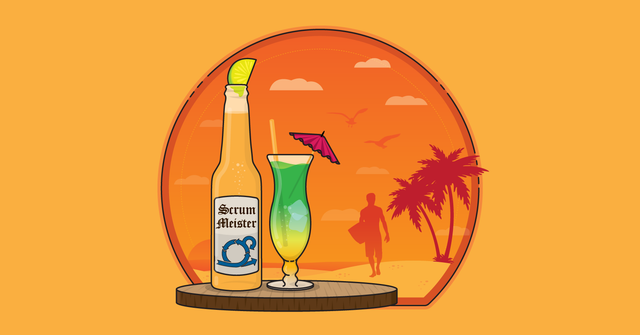 Scrum master on a beach with palm trees.