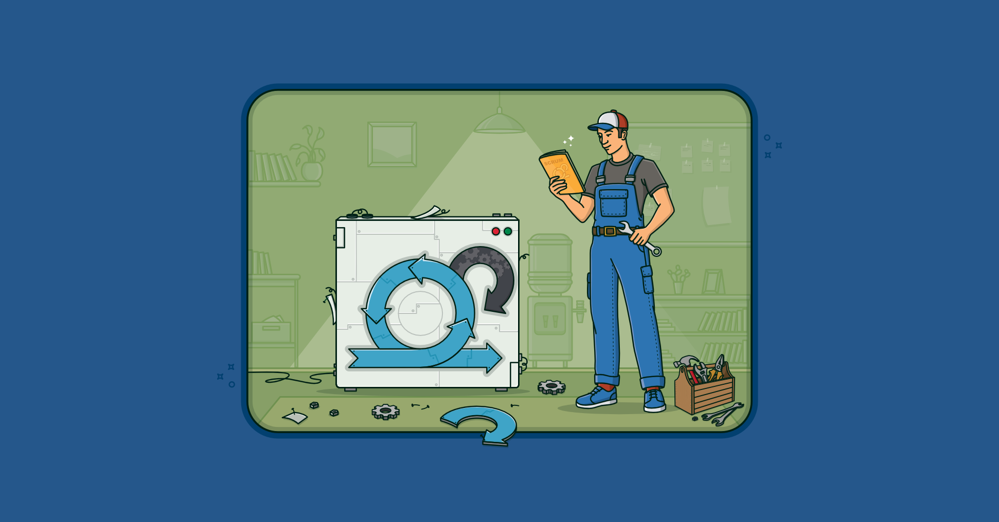 An illustration showing a repairman fixing a Scrum appliance