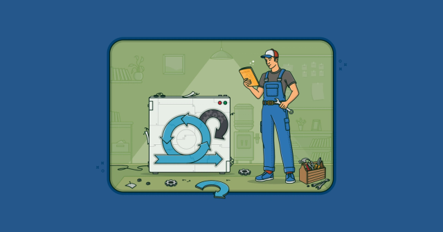 An illustration showing a repairman fixing a Scrum appliance
