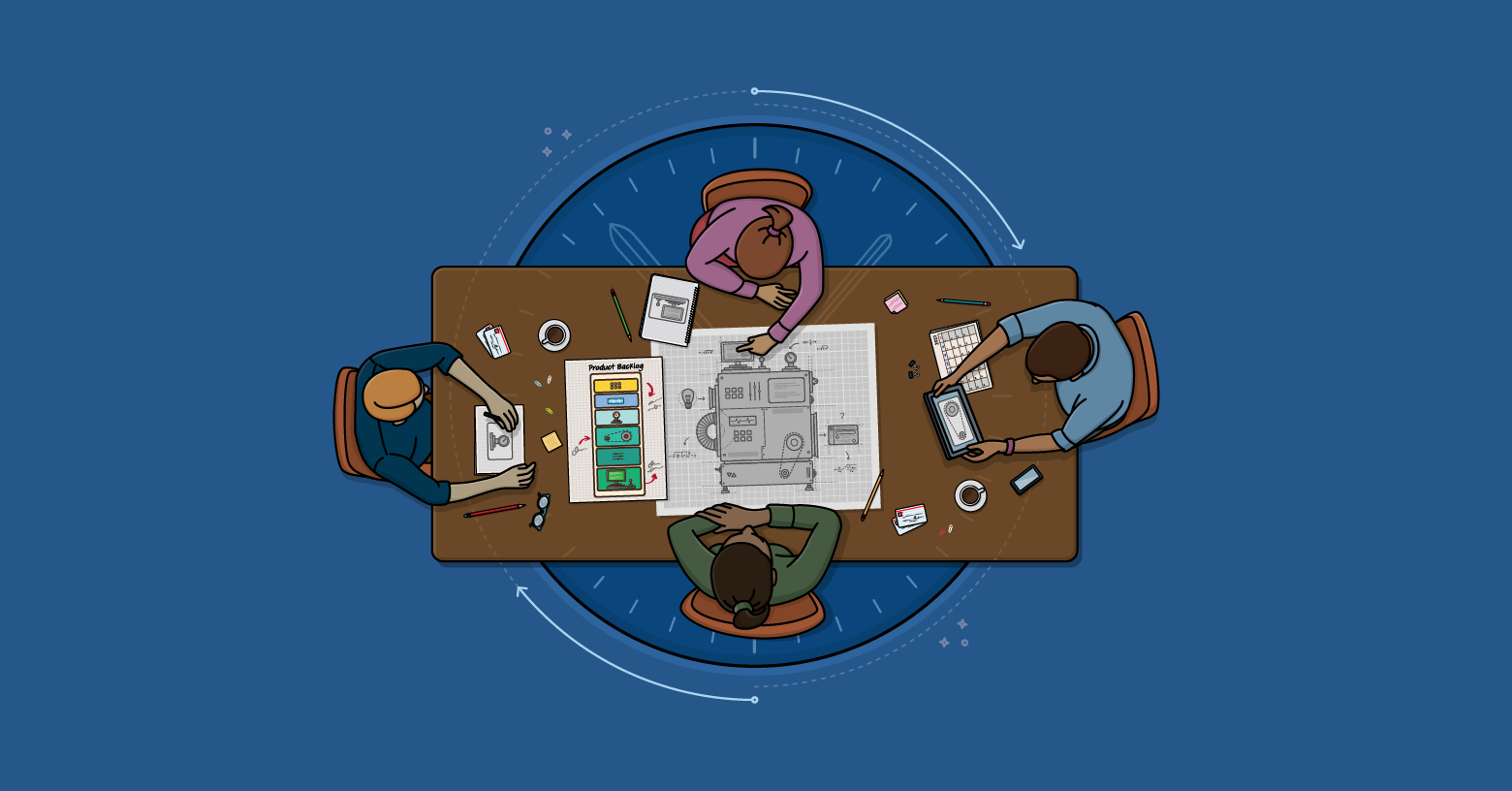 A team is gathered around a table looking together at a large blueprint and a product backlog. Each developer is adding their own insights and ideas to the sprint plan.