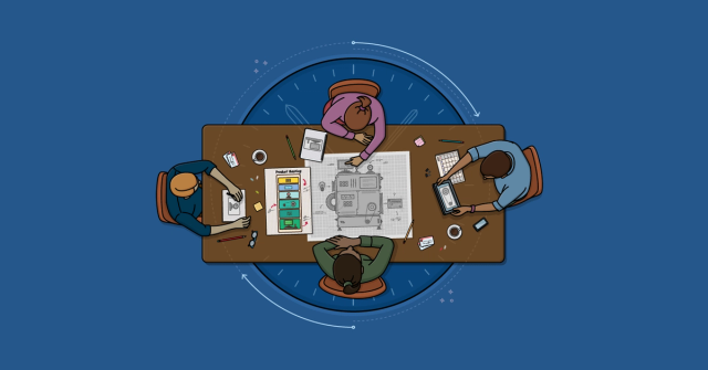 A team is gathered around a table looking together at a large blueprint and a product backlog. Each developer is adding their own insights and ideas to the sprint plan.