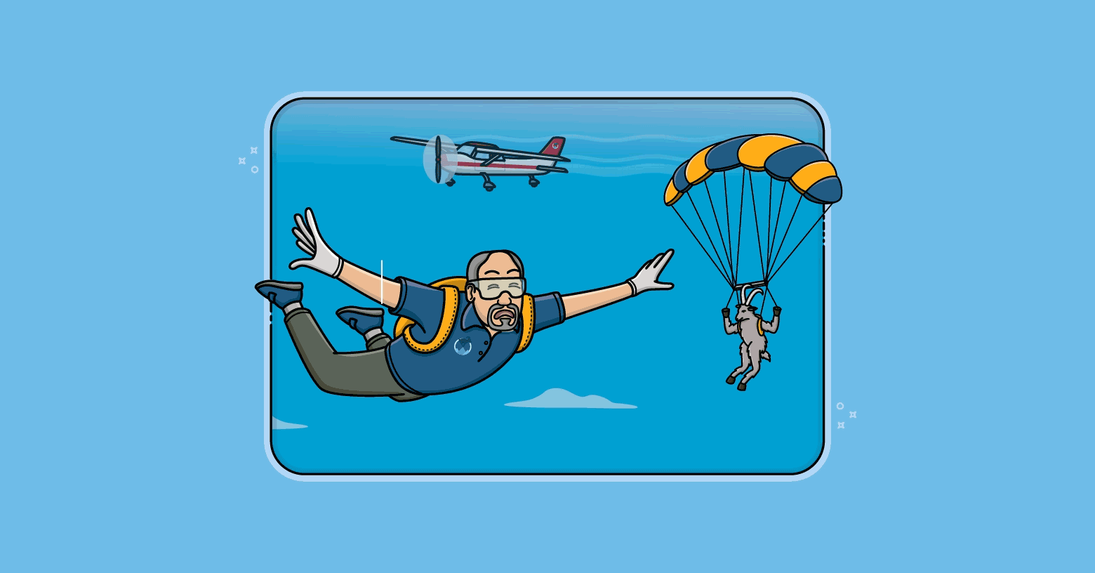 Fear of the unknown keeps us from trying new things, including agile and Scrum. Mike Cohn is sky diving and looks to the side at a Mountain Goat floating down on a parachute nearby. Both are able to embrace change because they've been well trained.