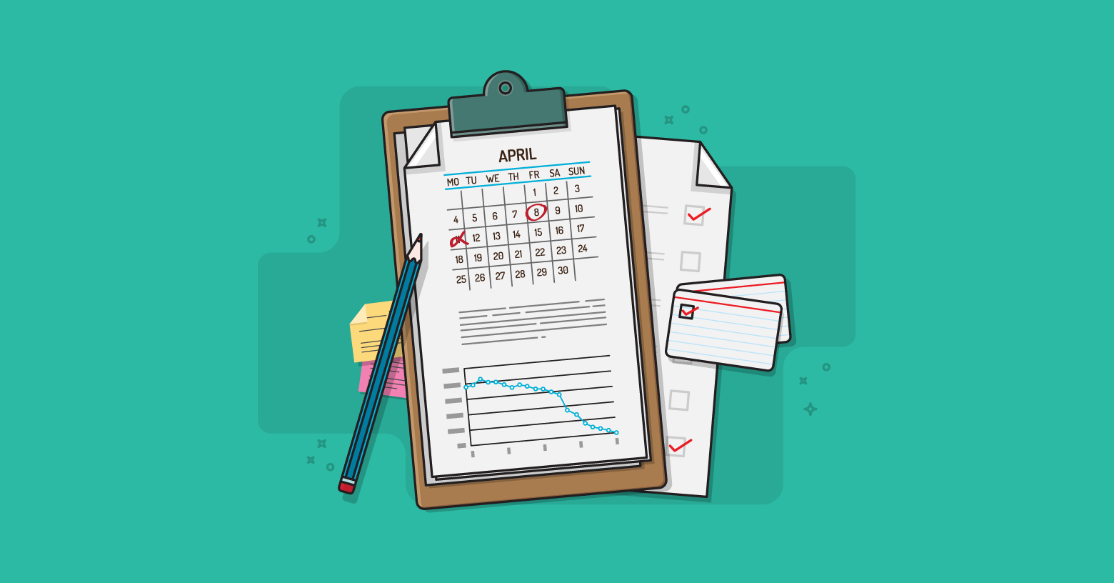 Clipboard with a graph, user story cards and calendar showing a sprint summary.