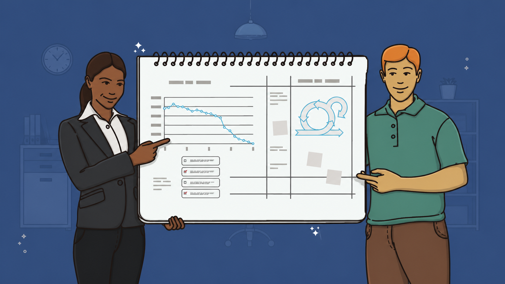 Two agile leaders present a planning board with a burndown chart and Scrum workflow.