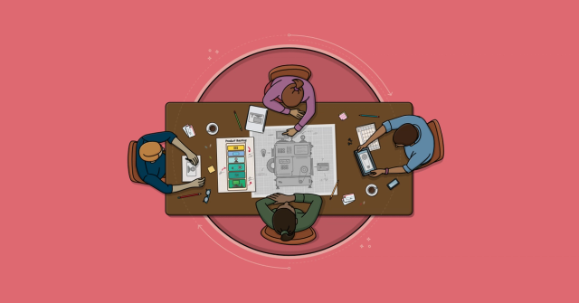 Four team members collaborate around a table on a shared product plan.