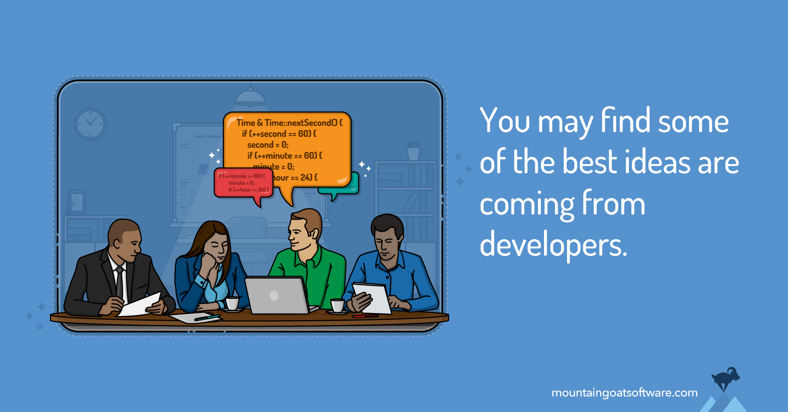 Quote card for 4 Reasons to Include Developers in Story Writing.