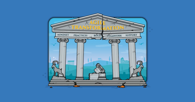 Agile transformations thrive when the five pillars (mindset, roles, practices, teamwork, and support) are all in place. Transformations can stall or breakdown if even one pillar is missing.